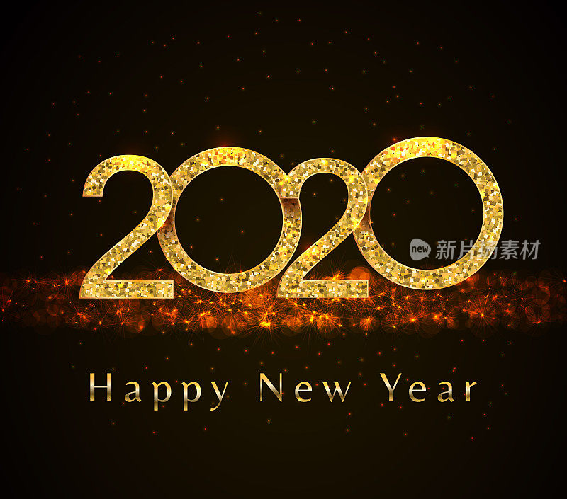 2020 Happy New Year golden sparkling glitter numbers design on abstract black background with flare and bokeh effect. Holiday web banner, poster, greeting card or invitation, end of year template